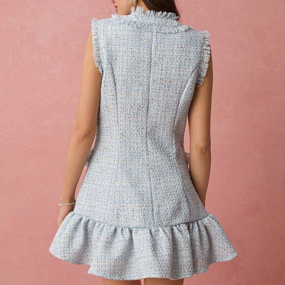 Baby Blue Elegant Women's Pearl Buttons Decor Ruffle Hem Tweed Mini Dress - Picture 7 of 7